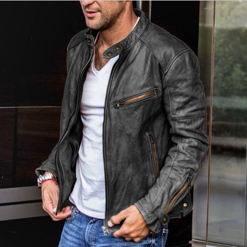 Leandro | Men's Weatherproof Leather Jacket with Stand-Up Collar