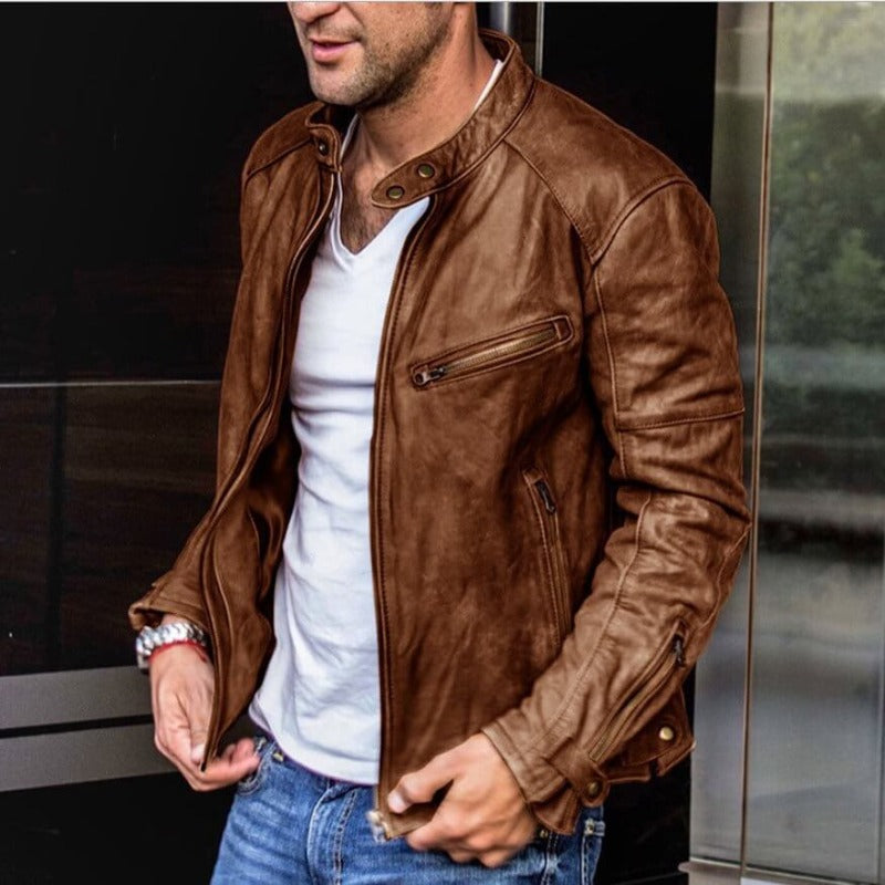 Leandro | Men's Weatherproof Leather Jacket with Stand-Up Collar